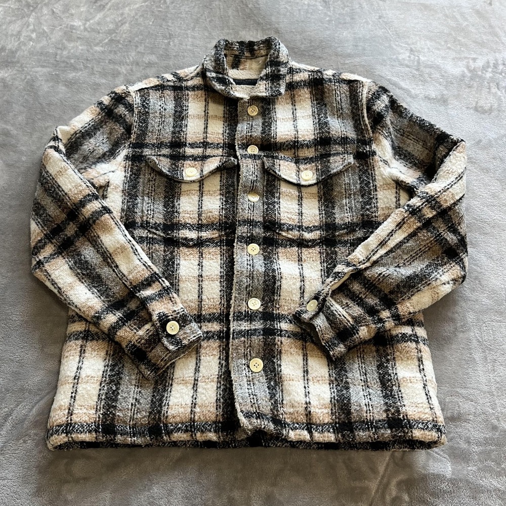 AllSaints Cayuga Jacket‎ Mens Small Beige Black Plaid Sherpa Lined Shacket